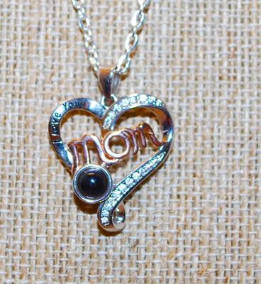 "Mom Love You" Heart .925 Silver PENDANT (1" x ¾') on a Silver Tone Necklace Chain 18" L