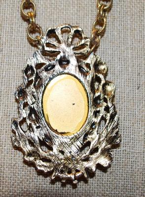 Large Vintage Theatrical Designed Oval Blue Faceted Stone PENDANT (3" X 2") on a Solid Bronze Styled Necklace Chain 28" L