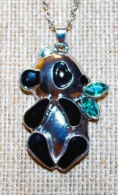 Black & Silver .925 Panda PENDANT (1½" x 1") with Green Marquise Cut Stones as "Leaves" on a Silver Tone Necklace...
