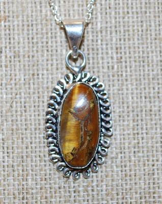 Oval Tiger Eye PENDANT (1½" x ¾") with a Chain Link Surround on an Adjustable Necklace Chain 14"-18" L