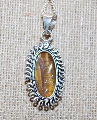 Oval Tiger Eye PENDANT (1½" x ¾") with a Chain Link Surround on an Adjustable Necklace Chain 14"-18" L