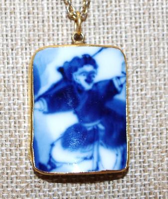 Vintage "Delft-Style" Blue & White PENDANT (1¼" x 1") on a Gold Tone Necklace Chain 22" L