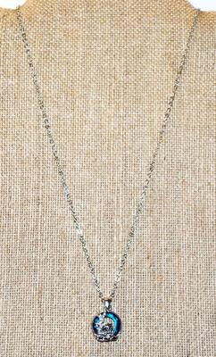 Small .925 Silver Blue Panda & Bamboo PENDANT (¾" Diam.) on Silver Tone Necklace Chain 18" L