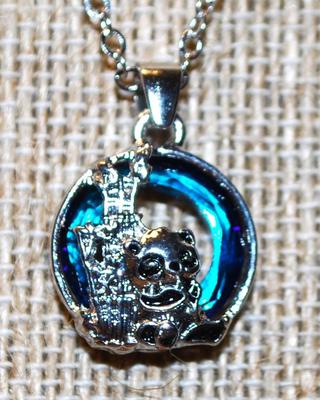 Small .925 Silver Blue Panda & Bamboo PENDANT (¾" Diam.) on Silver Tone Necklace Chain 18" L