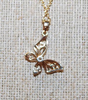 5 Clear Stones Gold Butterfly PENDANT (1" x ¾") on a Gold Tone Necklace Chain 18" L