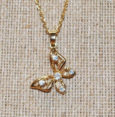 5 Clear Stones Gold Butterfly PENDANT (1" x ¾") on a Gold Tone Necklace Chain 18" L