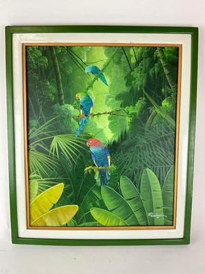 1124 Original Oil Painting of Forest with Tropical Birds by Albott Bonhomme Haitian