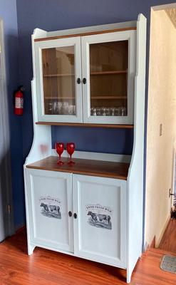 LOT 80: Farmhouse Hutch with Collection of Red / Clear Glassware