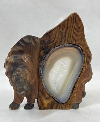 Carved Wood Buffalo Candleholder with Geode Slice