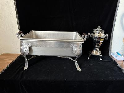 2 CHAFING DISHES AND ELECTRIC PERCOLATOR W/SPIGOT