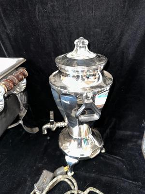 2 CHAFING DISHES AND ELECTRIC PERCOLATOR W/SPIGOT