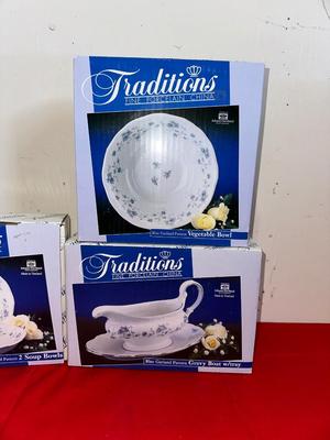 NEW TRADITIONS SALAD PLATES, SOUP BOWLS AND GRAVY BOAT BLUE GARLAND PATTERN