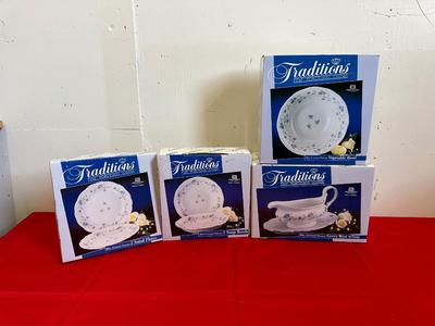 NEW TRADITIONS SALAD PLATES, SOUP BOWLS AND GRAVY BOAT BLUE GARLAND PATTERN