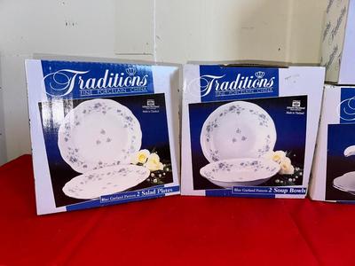 NEW TRADITIONS SALAD PLATES, SOUP BOWLS AND GRAVY BOAT BLUE GARLAND PATTERN