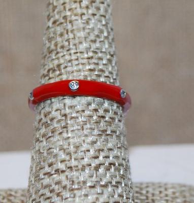 Size 8 RED Enamel Ring with 6 Rhinestones Around the Band (2.3)