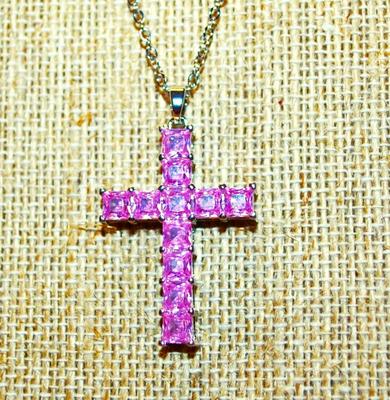 Light Pink Squared Stones Cross PENDANT (1½" x 1") on a Silver Tone Necklace Chain 17" L