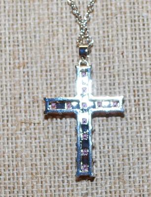 Light Pink Squared Stones Cross PENDANT (1½" x 1") on a Silver Tone Necklace Chain 17" L