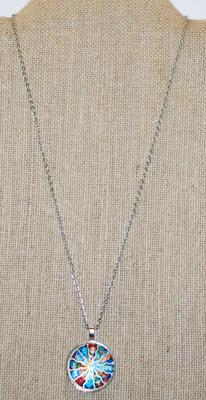 Round Graphic Designed "Sun god" PENDANT (1" Diam.) on a Silver Tone Necklace Chain 17" L