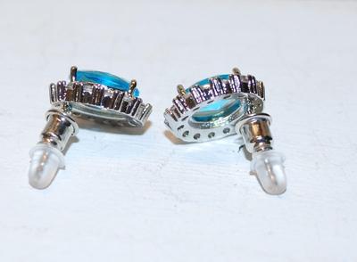 Blue Single Center Stone Earrings Set with Clear Stone Surround on a Post Back