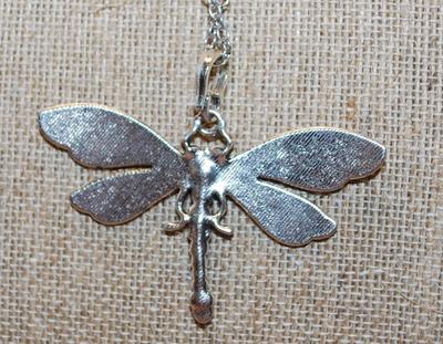 LIGHT BLUE & DARK BLUE Dragonfly PENDANT (2½" x 2") on a Silver Tone Necklace Chain 19" L