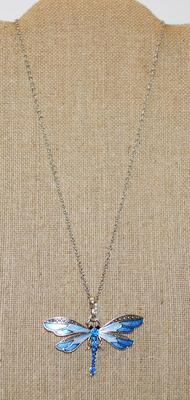 LIGHT BLUE & DARK BLUE Dragonfly PENDANT (2½" x 2") on a Silver Tone Necklace Chain 19" L