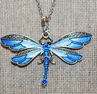 LIGHT BLUE & DARK BLUE Dragonfly PENDANT (2½" x 2") on a Silver Tone Necklace Chain 19" L
