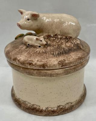 Ceramic Pig Piggy Mom & Baby - Large Round Trinket Box