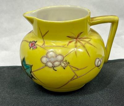 Small Yellow Porcelain Pitcher with Pink flowers and White flowers made in Japan