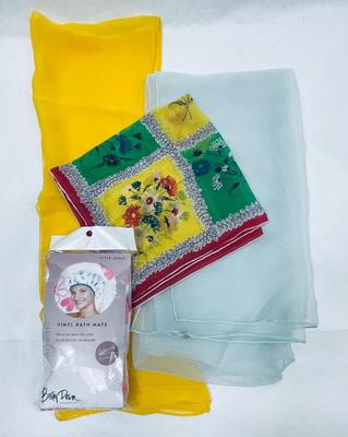 3 Sheer Scarves of various sizes and 1 Shower cap new in package