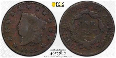1822 1C, BN (Regular Strike) Series: Coronet Head Cents - PCGS Genuine - VG Details (97 - Environmental Damage)