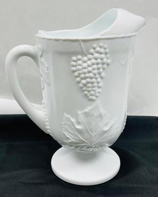 Large Milk Glass Beverage Pitcher Grape Motif