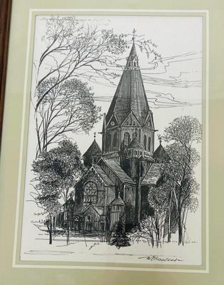Drawing/ Etching Framed signed by artist Rheindahlen, St. Helena parish church