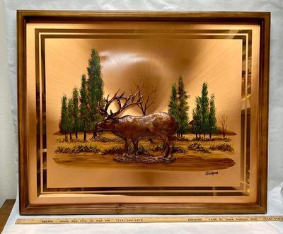Copper Wall Art - Vintage, Hammered 3D picture of Elk/Caribou, Framed, Signed Gastone