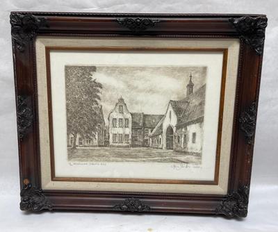 Framed Architectural Landscape Etching Art signed