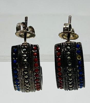 Vintage Red, White, & Blue Rhinestone C Hoop Earrings 925 Sterling