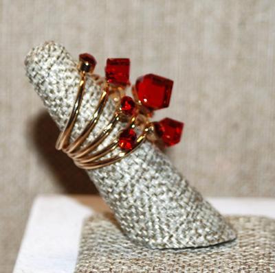 Size 6-7 All Red Acrylic Party Style Ring with 12 Assorted Size Baubles on an Expansive Gold Tone Band (8.8g)