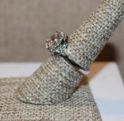 Size 7½ Champagne Colored Cushion Cut Stone Ring with Full Surrounds on a Basket Setting & Silver Tone Band (3.6g)