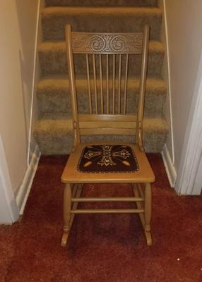 ANTIQUE SEWING ROCKER WITH NEEDLEPOINT SEAT