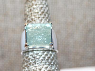 Size 6 Light Green Square Flower Embossed Polymer Ring with a Solid Silver Tone Band (7.1g)