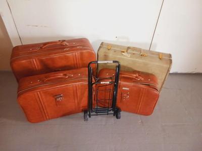 3 PIECE SOFT SIDED LUGGAGE, LUGGAGE CART AND VINTAGE SUITCASE