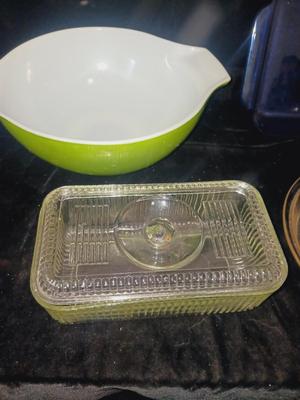 LARGE PYREX BOWL, REFRIGERATOR DISH AND MORE