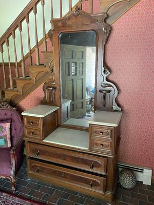 Victorian Marble Top Walnut Dresser with Mirror