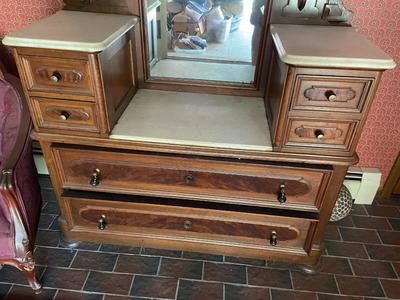 Victorian Marble Top Walnut Dresser with Mirror