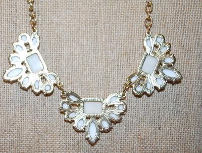 3 Section Necklace with White Opaque & Green/Pink Iridescent Rectangular Accent Stones on Gold Tone Chain 14" L
