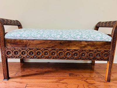 Hand Carved Wooden Window Seat Bench