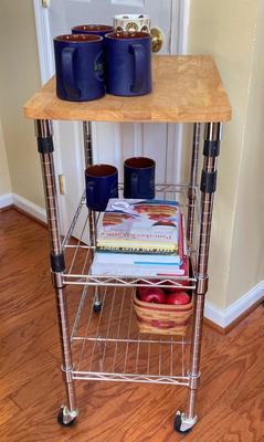 LOT 103: Rolling Adjustable Kitchen / Utility Cart, Mugs, Cookbooks and More