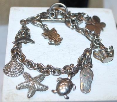 Metal "Seaside" Themed 9 Charms Bracelet with Toggle Clasp 8" Circumference