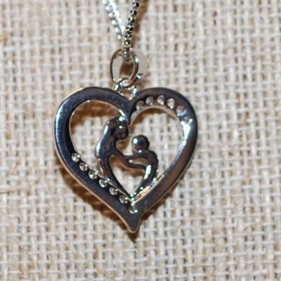 "Mother & Child" Inside a Glittered Heart PENDANT (¾" x ¾") on a Silver Tone Necklace Chain 17" L