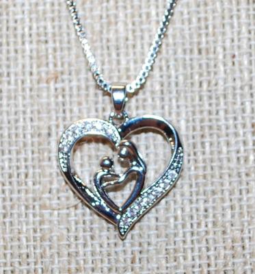 "Mother & Child" Inside a Glittered Heart PENDANT (¾" x ¾") on a Silver Tone Necklace Chain 17" L