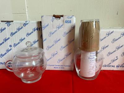 PRINCESS HOUSE 4 CRYSTAL MUGS, CARAFE & TUMBLER & CREAM/SUGAR SET